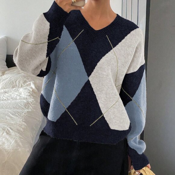 Navy Blue Casual Women's Plaid Loose Fit Long Sleeve Crew Neck Sweater - Picture 4 of 6